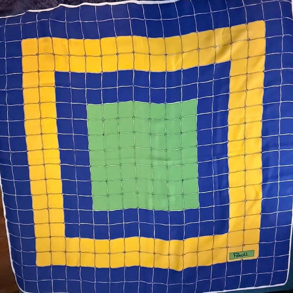 Paoli Vintage Blue Yellow Green Grid Net Pattern Square Scarf RN 20496  35"